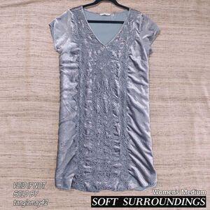 Soft Surroundings Silver Grey Velvet Embroidered Short Sleeve Dress Womens Large